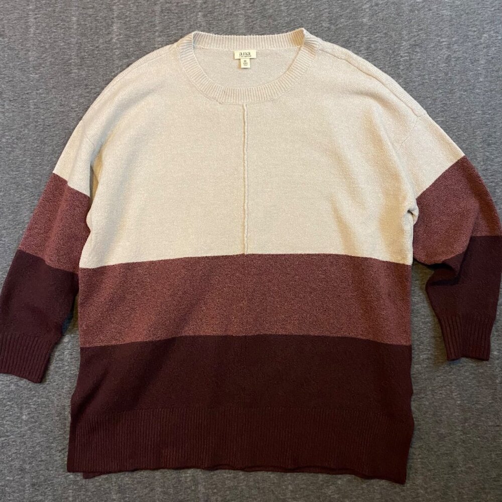 A.N.A Colorblock Sweater Beige & Burgundy Womens Plus 0X Lightweight Crewneck‎